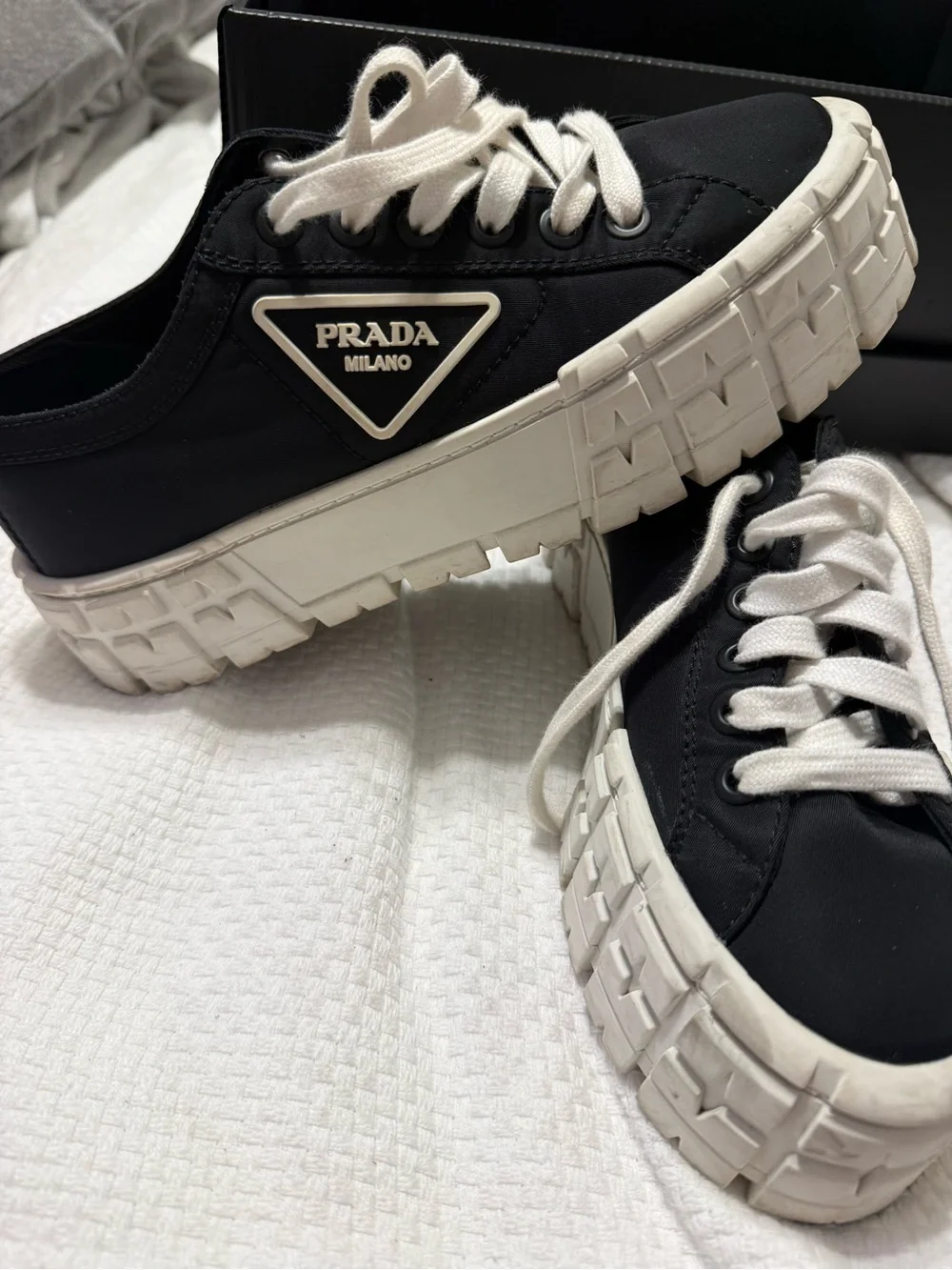 Prada Black Nylon Low-Top Sneakers with White Platform Sole